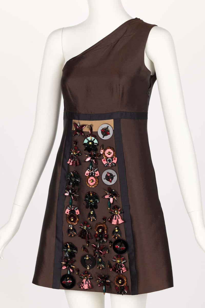 Prada S S 2005 Majestic Silk Embellished Mini Dress Basha Gold