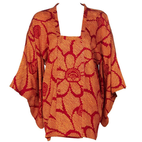 Vintage Silk Shibori Garnet Red Orange Floral Japanese Kimono Jacket Top