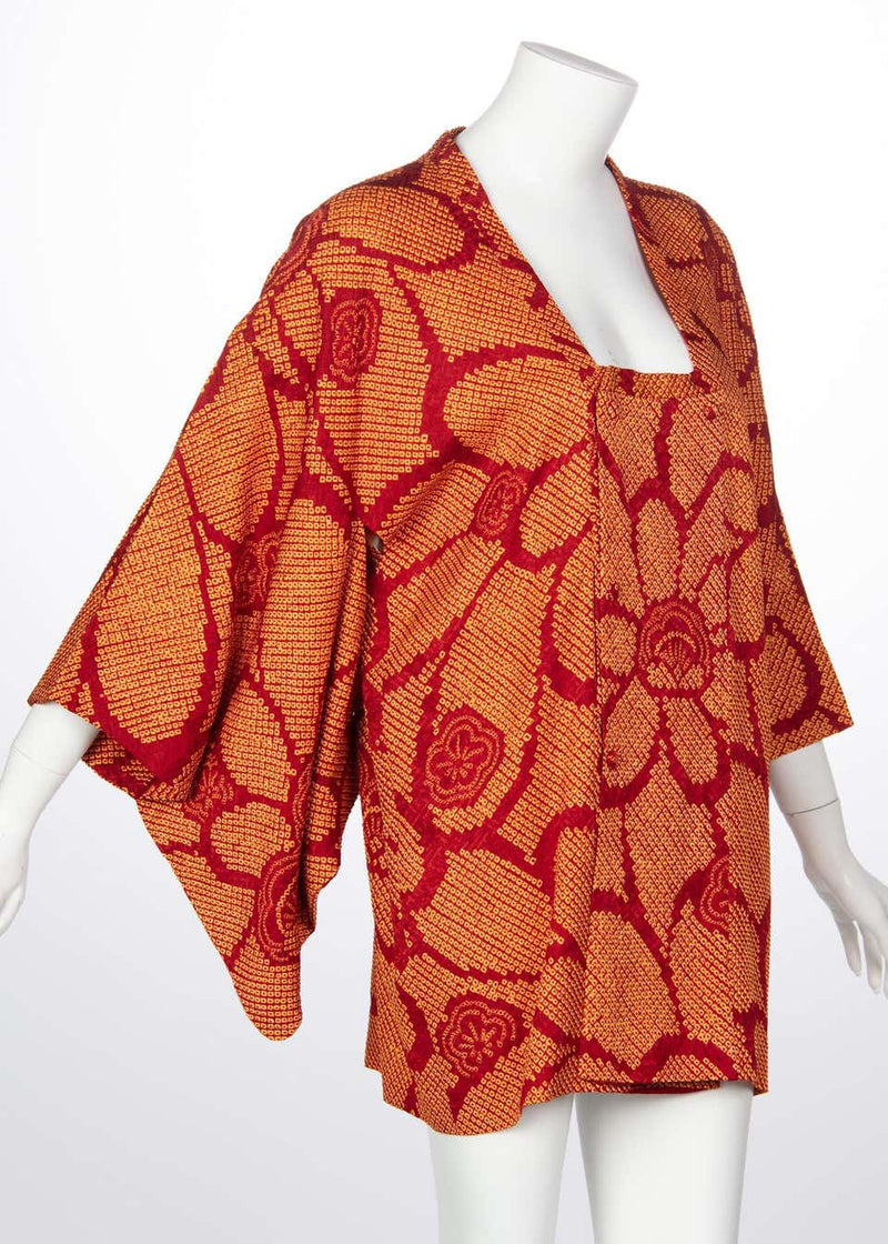 Vintage Silk Shibori Garnet Red Orange Floral Japanese Kimono Jacket Top