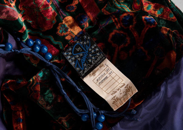 1980s Zandra Rhodes Green Velvet Multicolored Print Tassel Coat