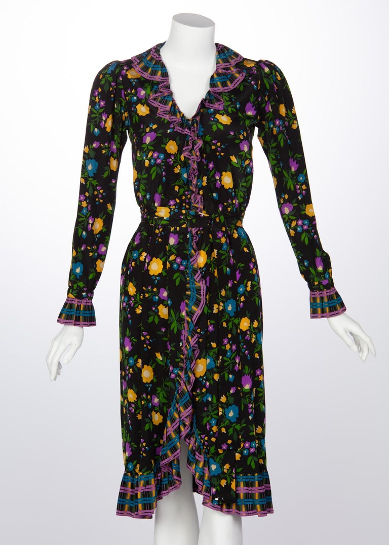 1970 Yves Saint Laurent Black Multicolored Silk Floral Peasant Dress