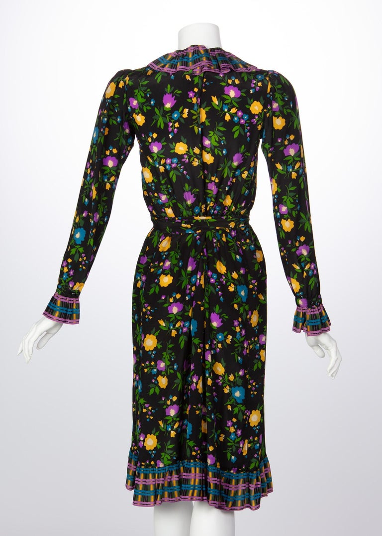1970 Yves Saint Laurent Black Multicolored Silk Floral Peasant Dress