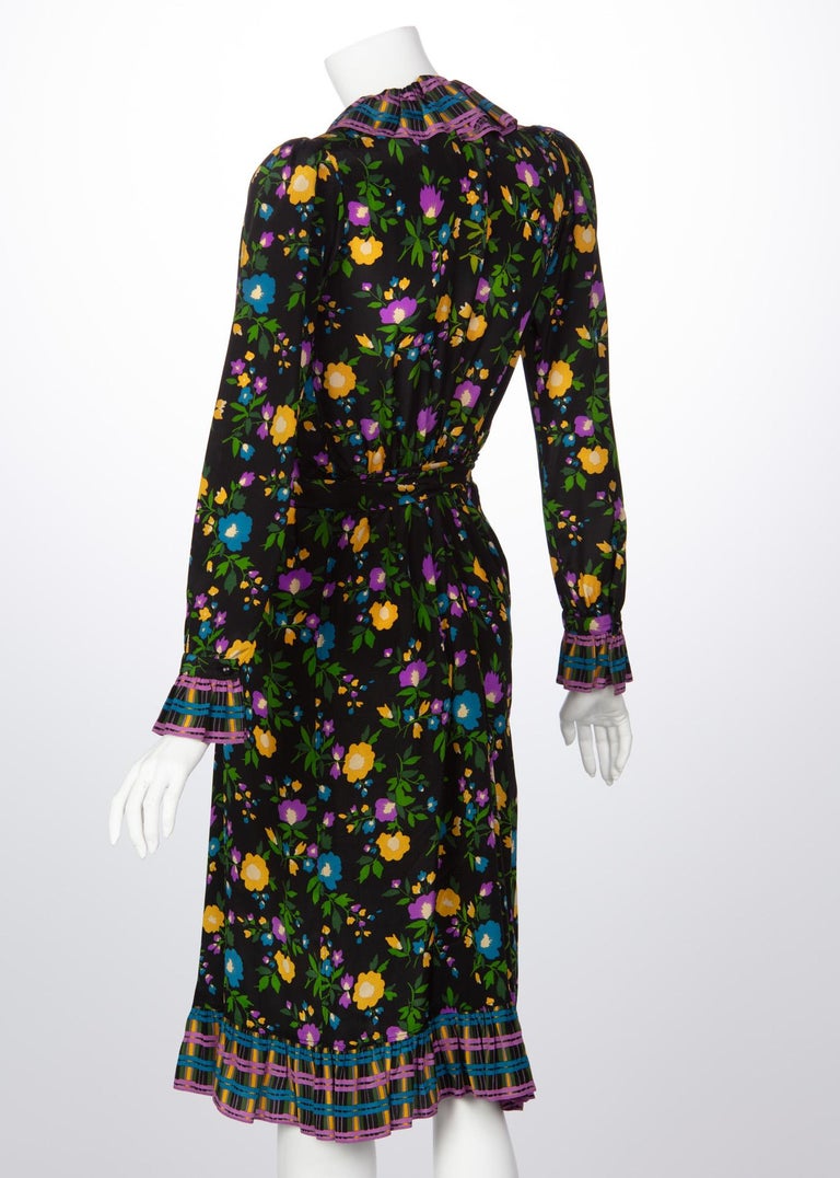1970 Yves Saint Laurent Black Multicolored Silk Floral Peasant Dress