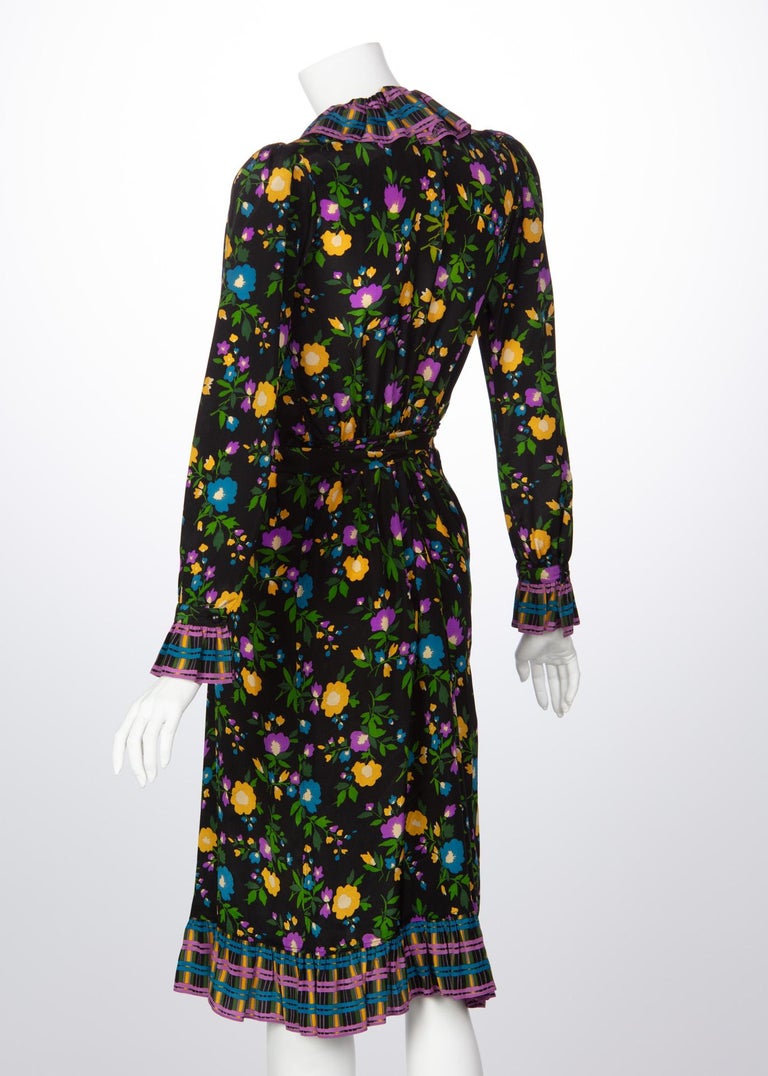 1970 Yves Saint Laurent Black Multicolored Silk Floral Peasant Dress