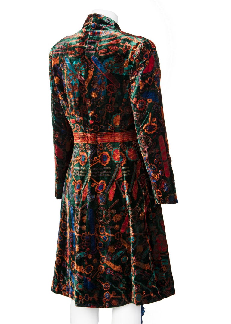 1980s Zandra Rhodes Green Velvet Multicolored Print Tassel Coat