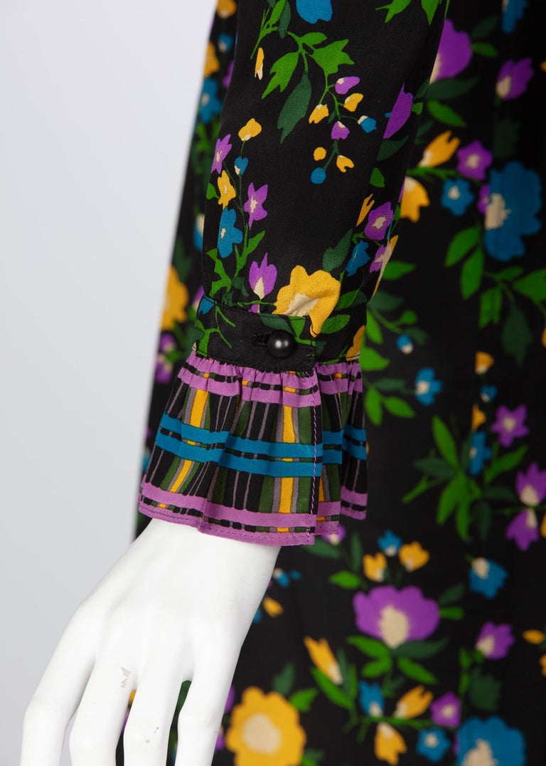 1970 Yves Saint Laurent Black Multicolored Silk Floral Peasant Dress
