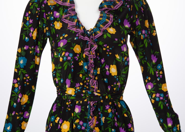 1970 Yves Saint Laurent Black Multicolored Silk Floral Peasant Dress