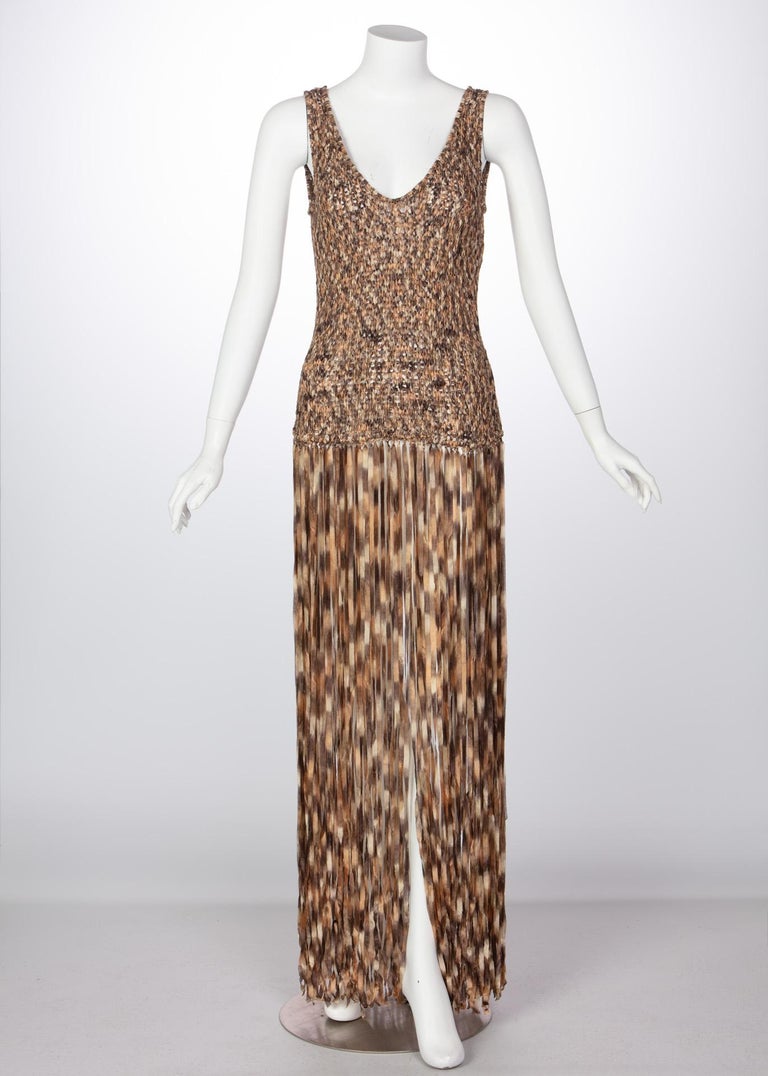 Salvatore Ferragamo Ombre Knit Silk Sleeveless Fringe Maxi Dress