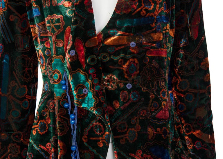 1980s Zandra Rhodes Green Velvet Multicolored Print Tassel Coat