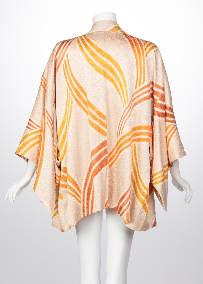 Vintage Silk Cream and Gold Shibori Bamboo Print Reversible Kimono Jacket