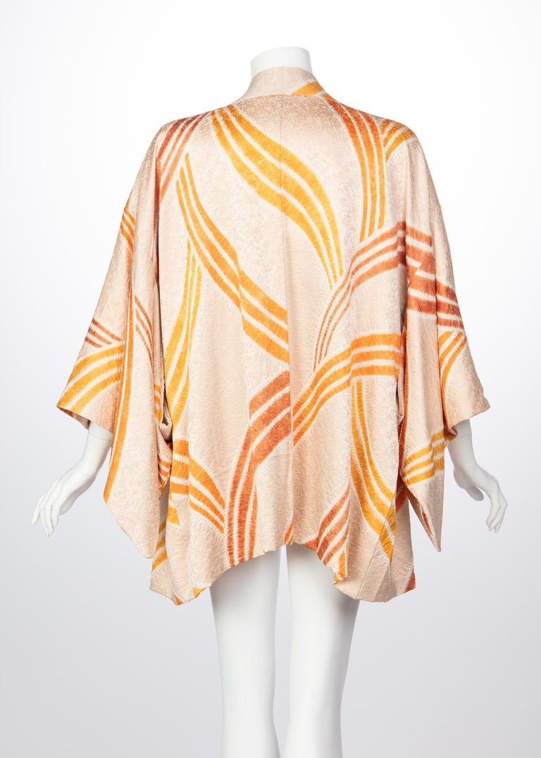 Vintage Silk Cream and Gold Shibori Bamboo Print Reversible Kimono Jacket