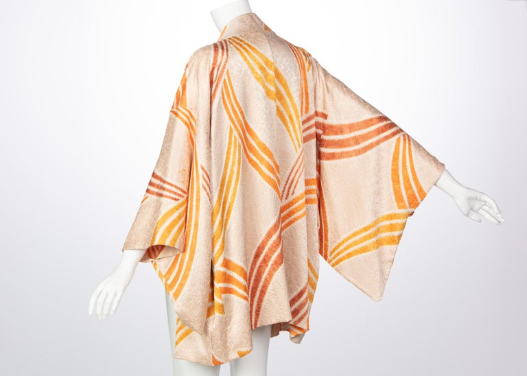 Vintage Silk Cream and Gold Shibori Bamboo Print Reversible Kimono Jacket