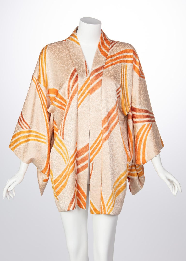 Vintage Silk Cream and Gold Shibori Bamboo Print Reversible Kimono Jacket