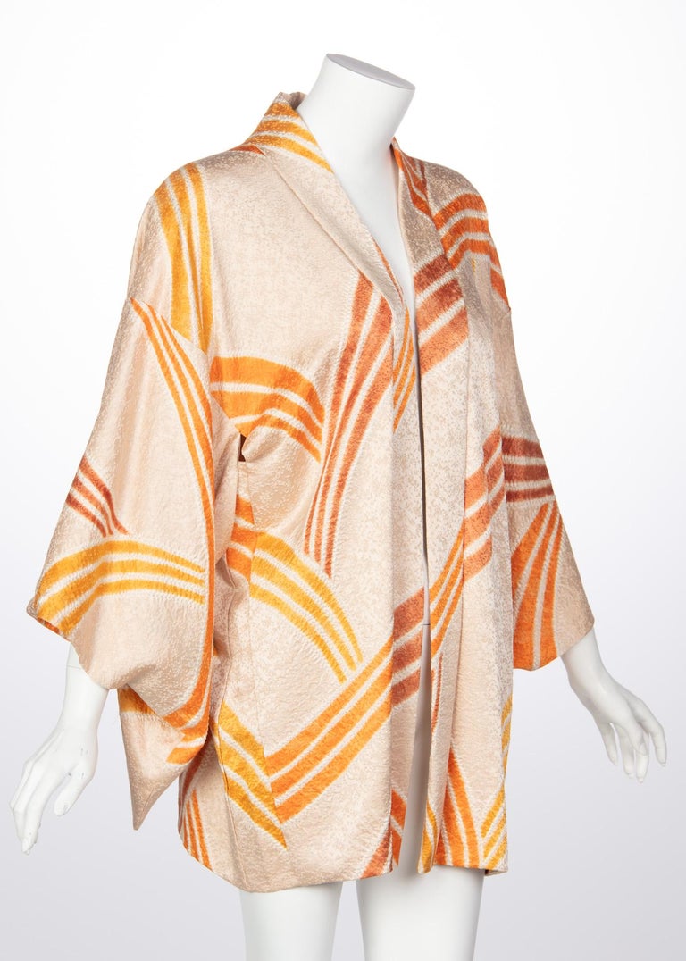 Vintage Silk Cream and Gold Shibori Bamboo Print Reversible Kimono Jacket