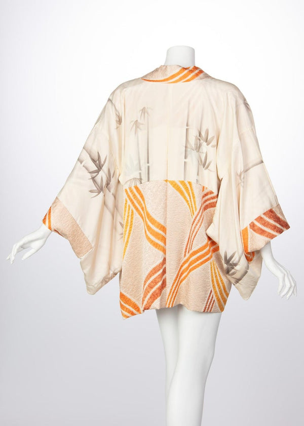 Vintage Silk Cream and Gold Shibori Bamboo Print Reversible Kimono Jacket