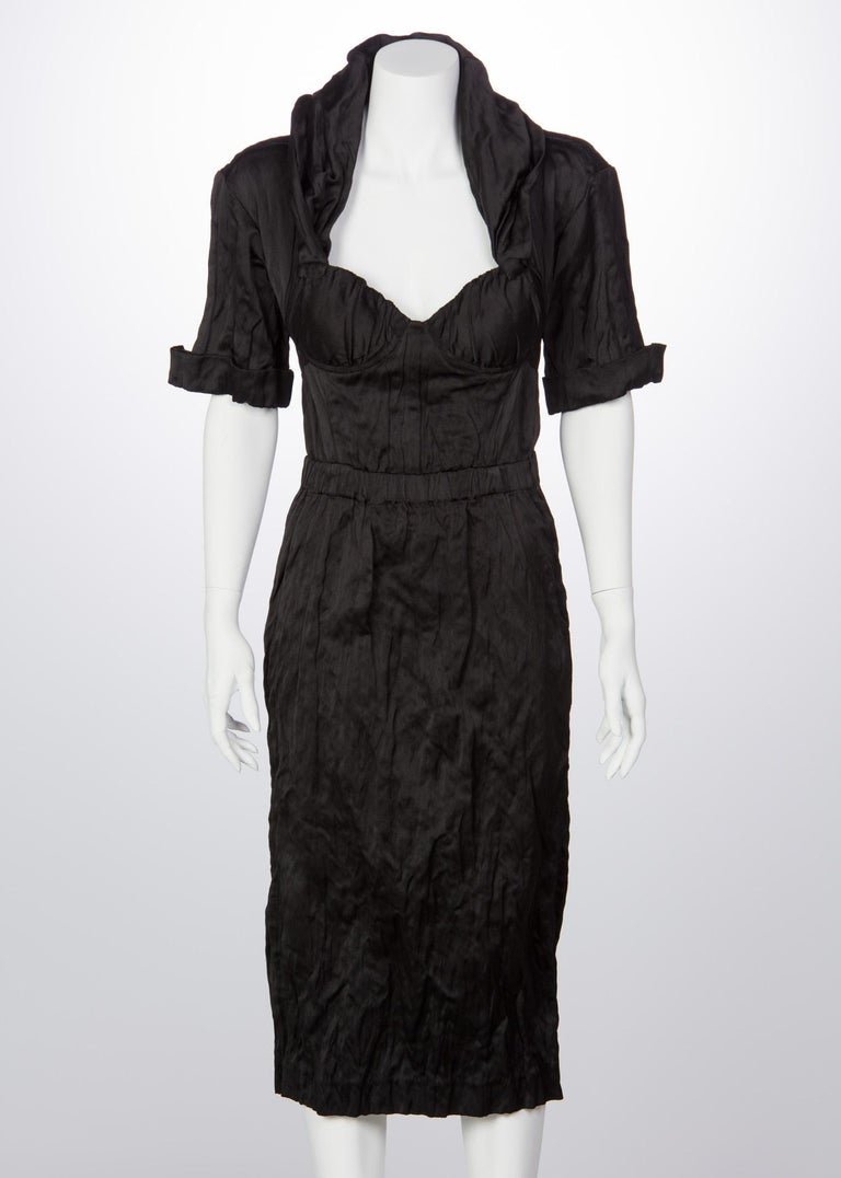 2009 Prada Runway Black Bustier Shawl Collar Cut-Out Back Dress
