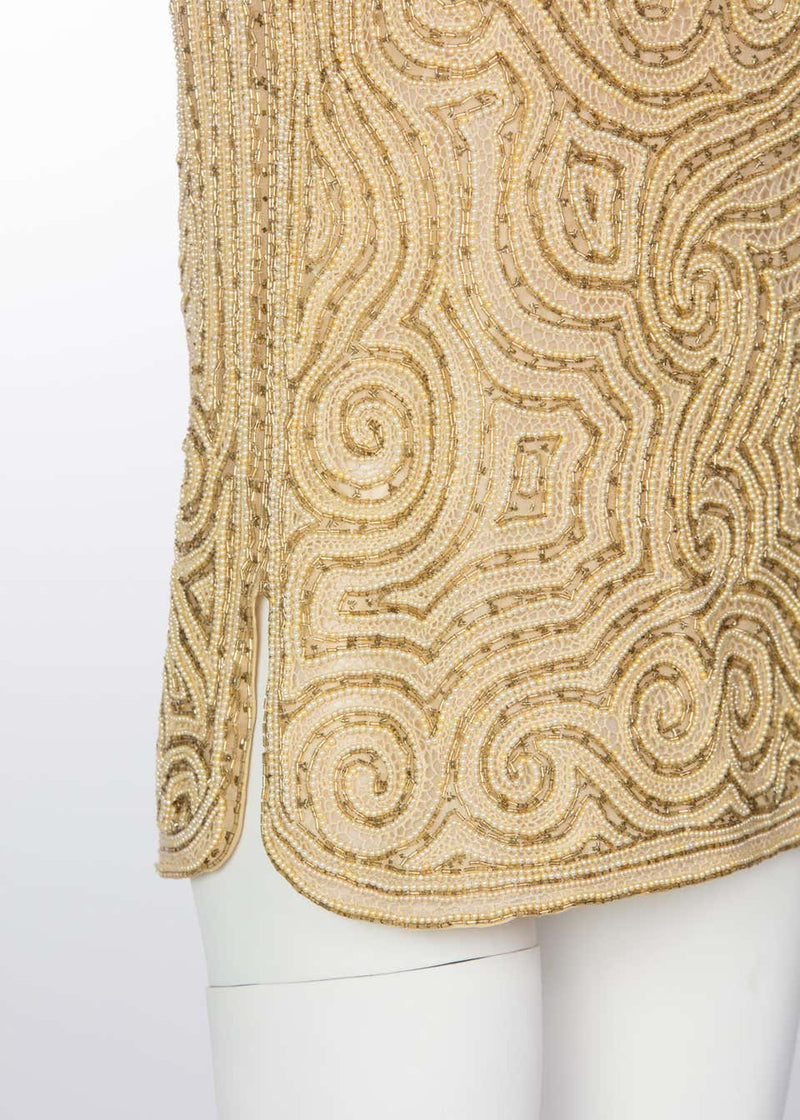 1970s Halston Beaded & Gold Pearl Organza Sleeveless Tunic Top