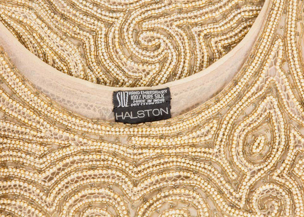 1970s Halston Beaded & Gold Pearl Organza Sleeveless Tunic Top