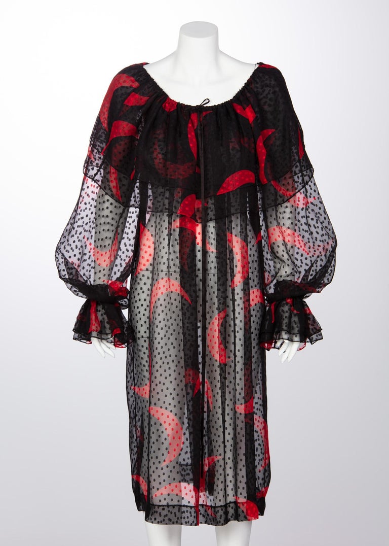 1970s Yves Saint Laurent Red & Black Crescent Moon Ruffle Peasant Dress
