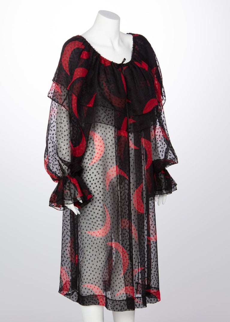 1970s Yves Saint Laurent Red & Black Crescent Moon Ruffle Peasant Dress