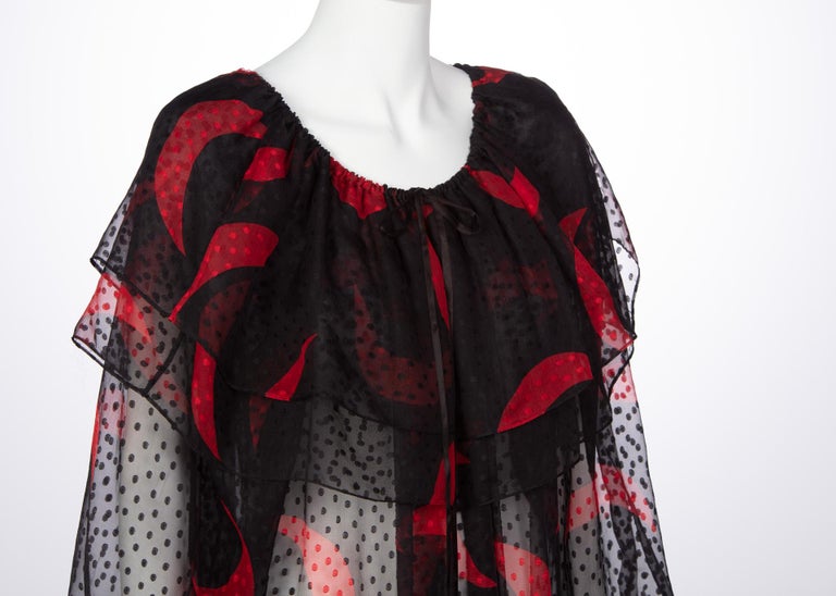 1970s Yves Saint Laurent Red & Black Crescent Moon Ruffle Peasant Dress