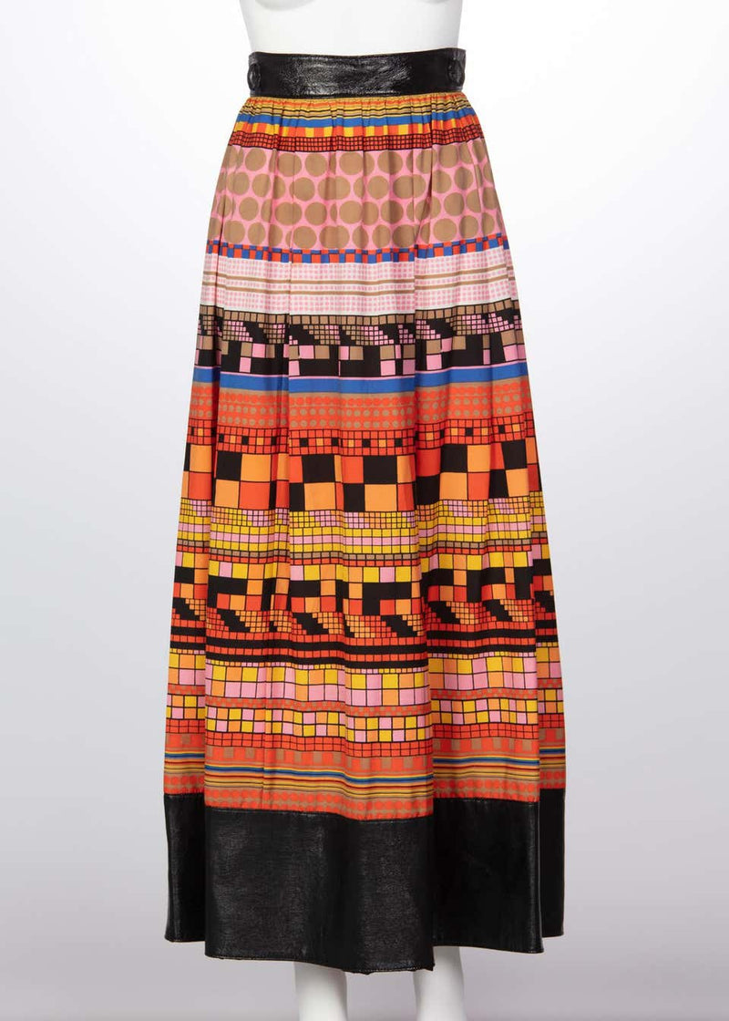 1970s Lanvin Multicolored Geometric Print Leather Trim Maxi Skirt