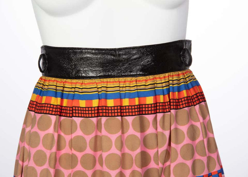 1970s Lanvin Multicolored Geometric Print Leather Trim Maxi Skirt