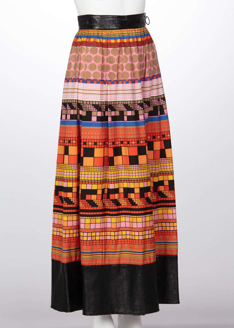 1970s Lanvin Multicolored Geometric Print Leather Trim Maxi Skirt
