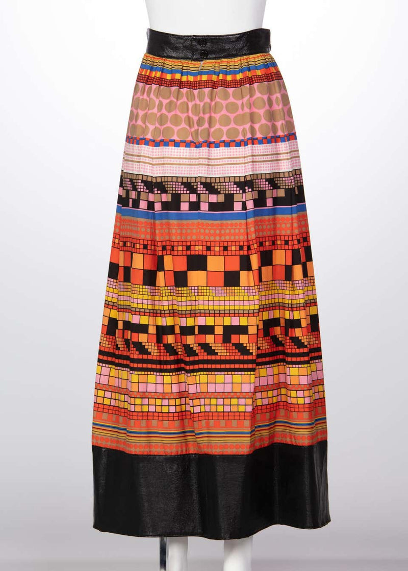 1970s Lanvin Multicolored Geometric Print Leather Trim Maxi Skirt