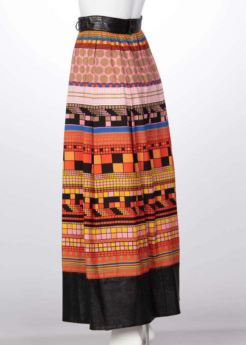 1970s Lanvin Multicolored Geometric Print Leather Trim Maxi Skirt
