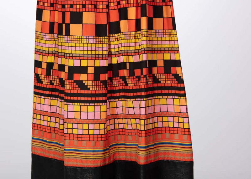 1970s Lanvin Multicolored Geometric Print Leather Trim Maxi Skirt