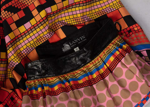 1970s Lanvin Multicolored Geometric Print Leather Trim Maxi Skirt