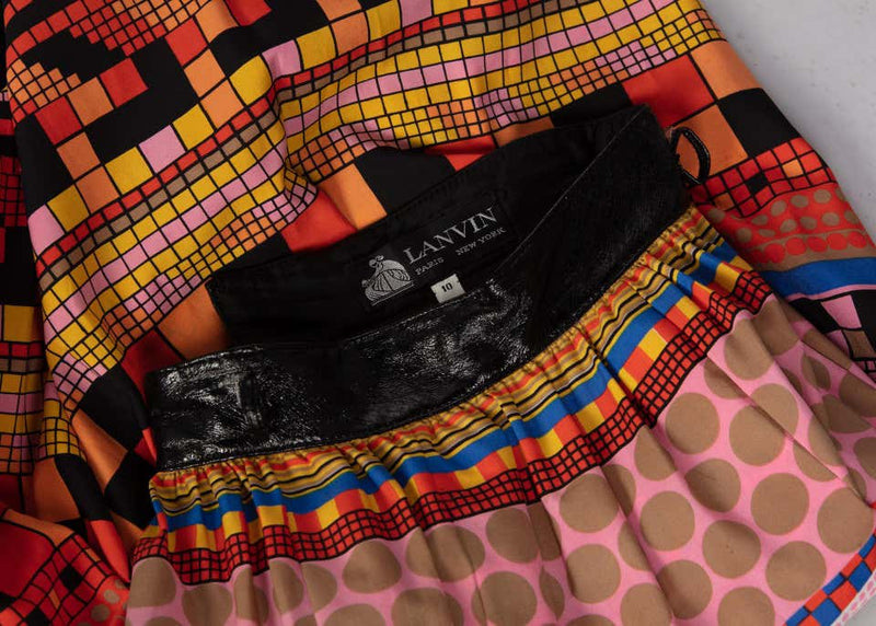1970s Lanvin Multicolored Geometric Print Leather Trim Maxi Skirt