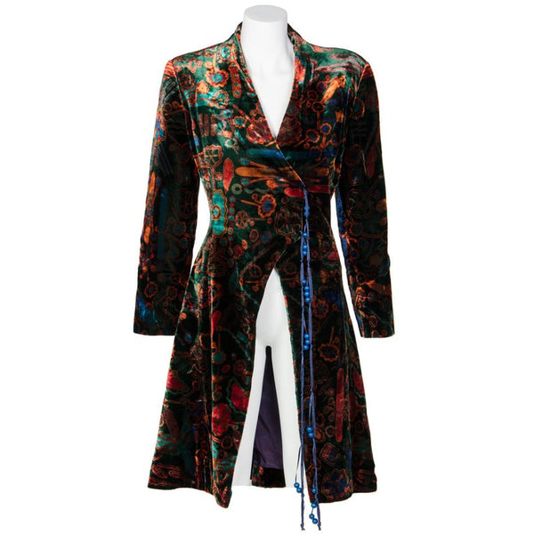 1980s Zandra Rhodes Green Velvet Multicolored Print Tassel Coat