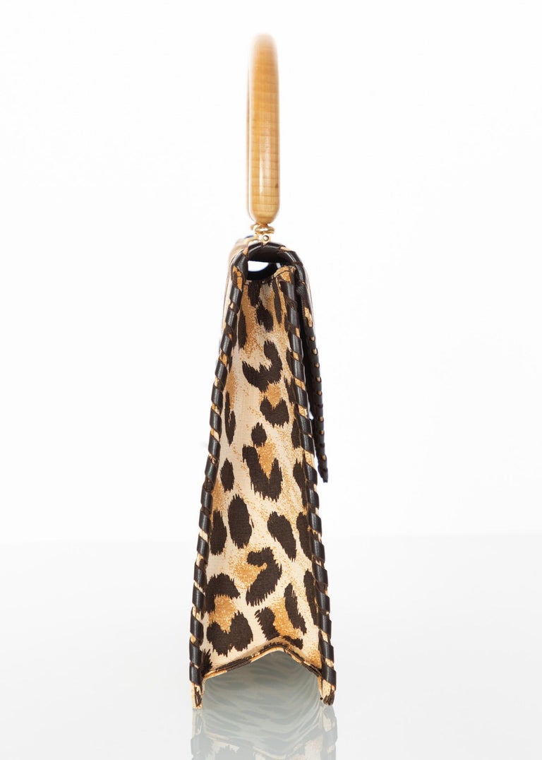 Yves Saint Laurent  Leopard Animal Print Canvas Wooden Top Handle Bag, 1990s