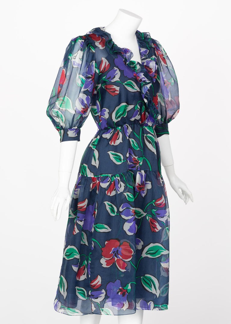 Givenchy Blue Silk Organza Floral Print Dress, 1970s