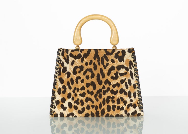Yves Saint Laurent  Leopard Animal Print Canvas Wooden Top Handle Bag, 1990s