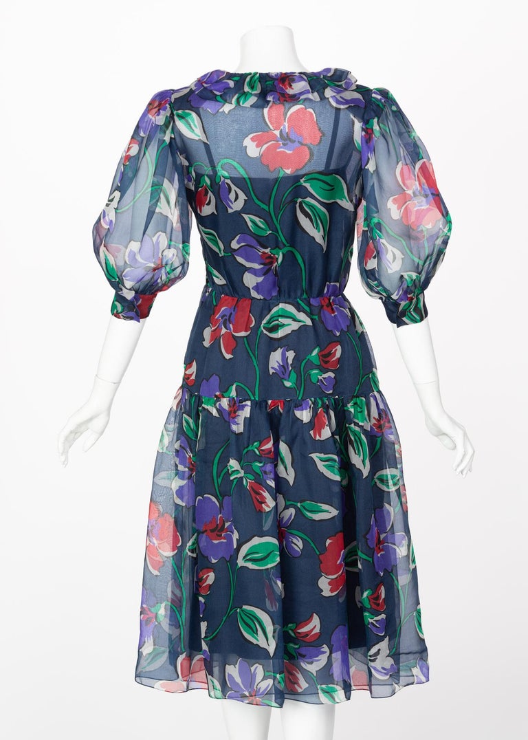 Givenchy Blue Silk Organza Floral Print Dress, 1970s
