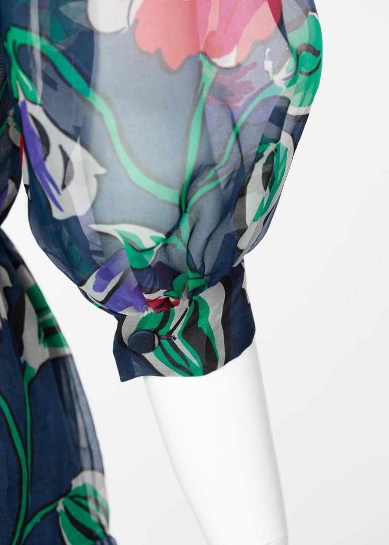 Givenchy Blue Silk Organza Floral Print Dress, 1970s