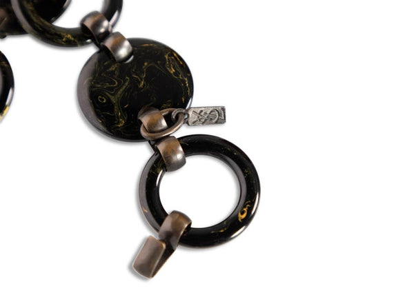 Vintage Yves Saint Laurent Black Marbled Bakelite Belt Necklace YSL