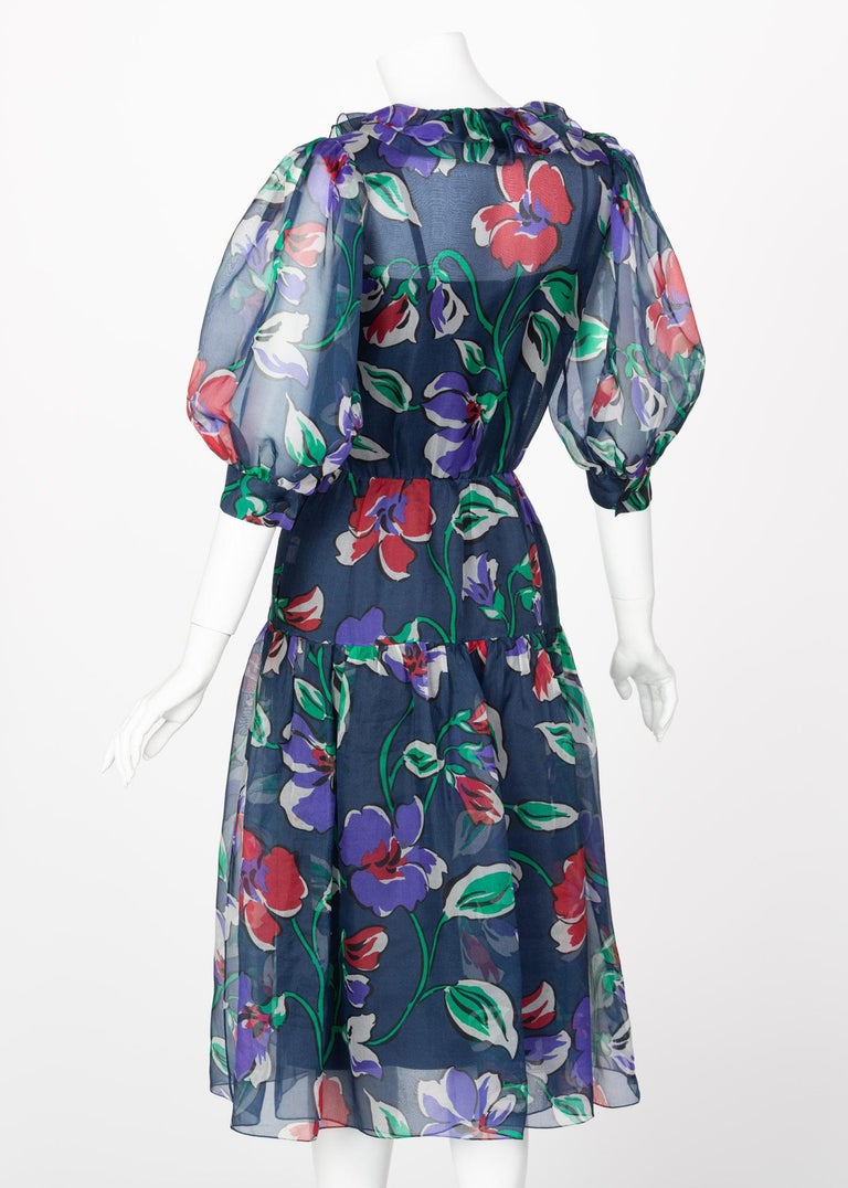 Givenchy Blue Silk Organza Floral Print Dress, 1970s