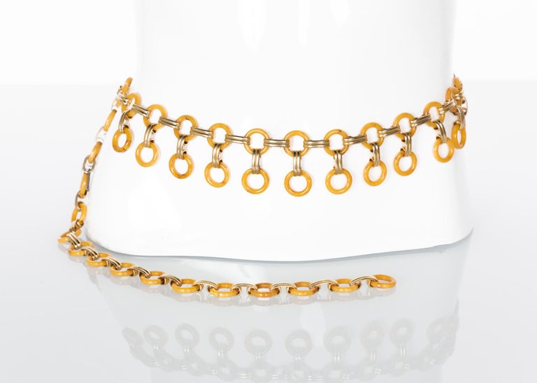 Yves Saint Laurent Marbled Yellow Bakelite Gold Link Belt Necklace, 1970s
