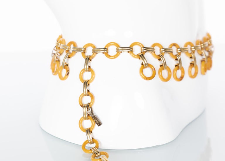 Yves Saint Laurent Marbled Yellow Bakelite Gold Link Belt Necklace, 1970s