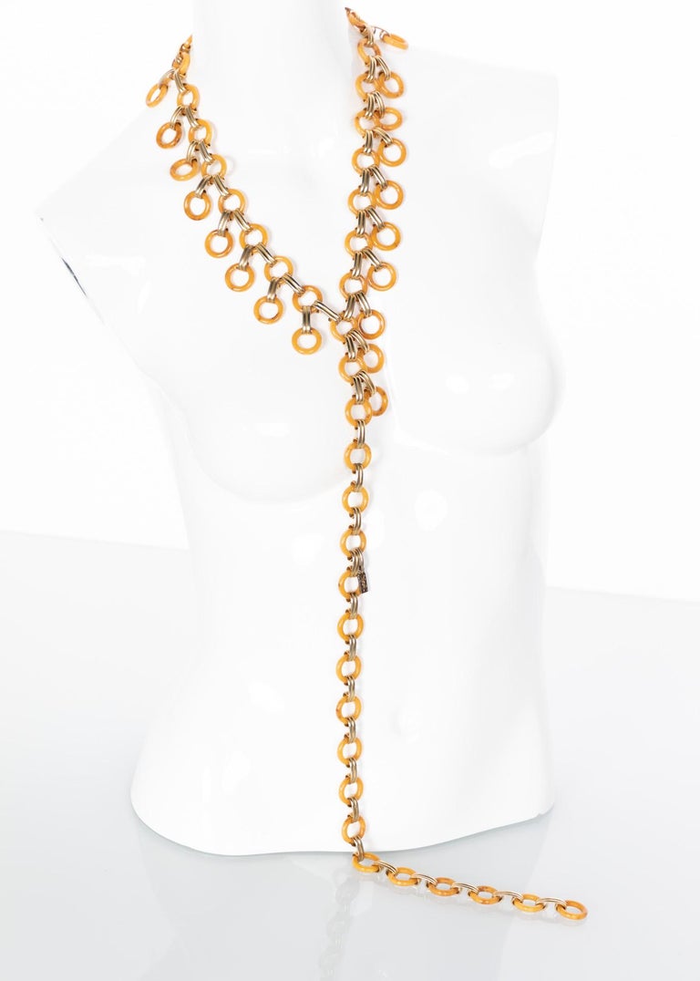 Yves Saint Laurent Marbled Yellow Bakelite Gold Link Belt Necklace, 1970s