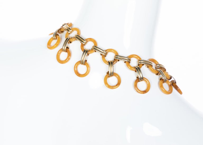 Yves Saint Laurent Marbled Yellow Bakelite Gold Link Belt Necklace, 1970s