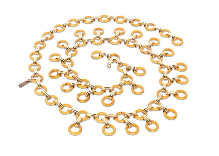 Yves Saint Laurent Marbled Yellow Bakelite Gold Link Belt Necklace, 1970s