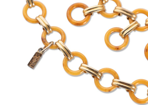 Yves Saint Laurent Marbled Yellow Bakelite Gold Link Belt Necklace, 1970s