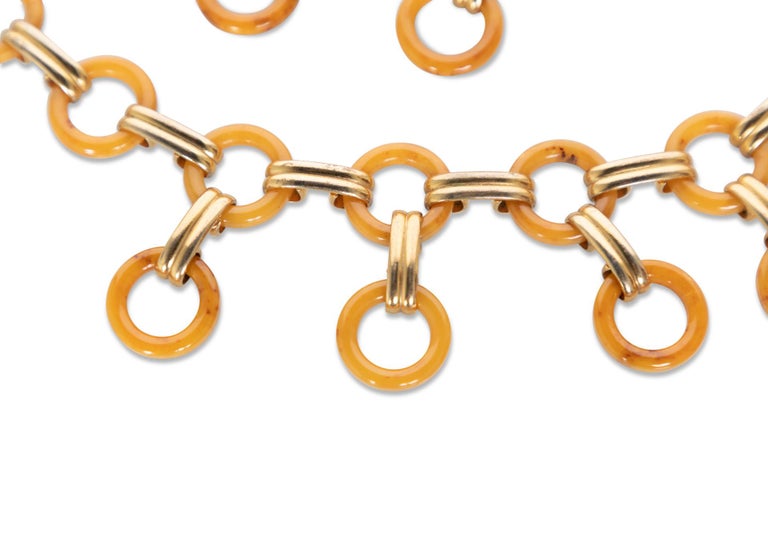 Yves Saint Laurent Marbled Yellow Bakelite Gold Link Belt Necklace, 1970s