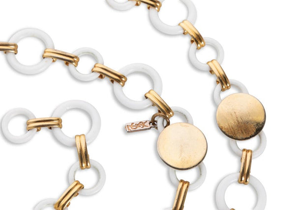 Yves Saint Laurent White Lucite Gold Rings Necklace Belt YSL, 1970s
