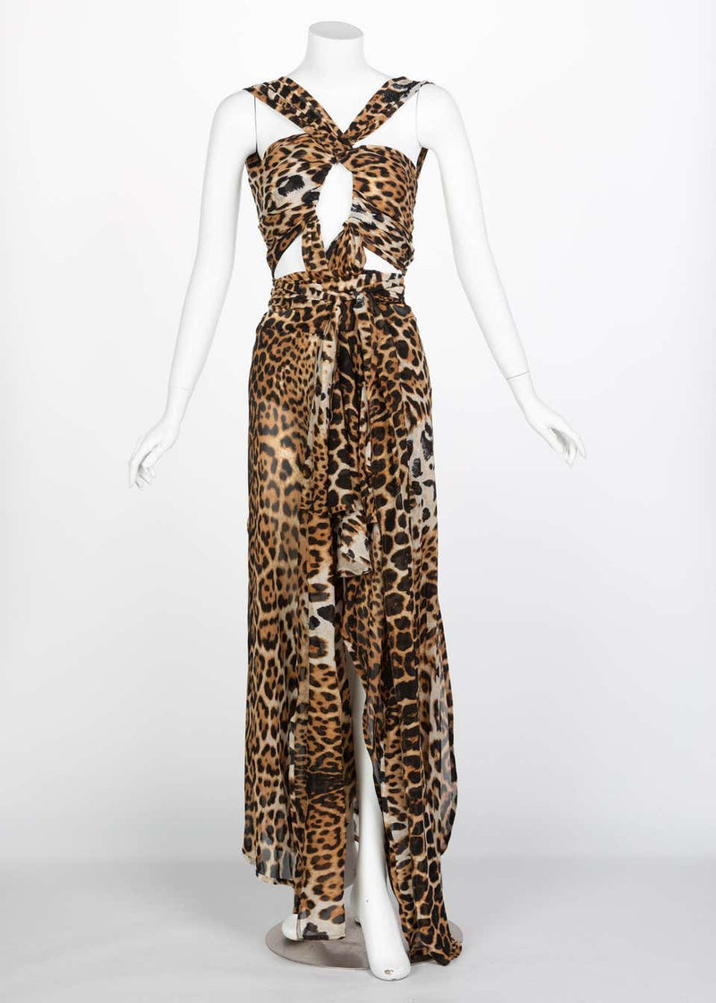 Yves Saint Laurent by Tom Ford Silk Leopard Cut Out Maxi Dress YSL, 2002